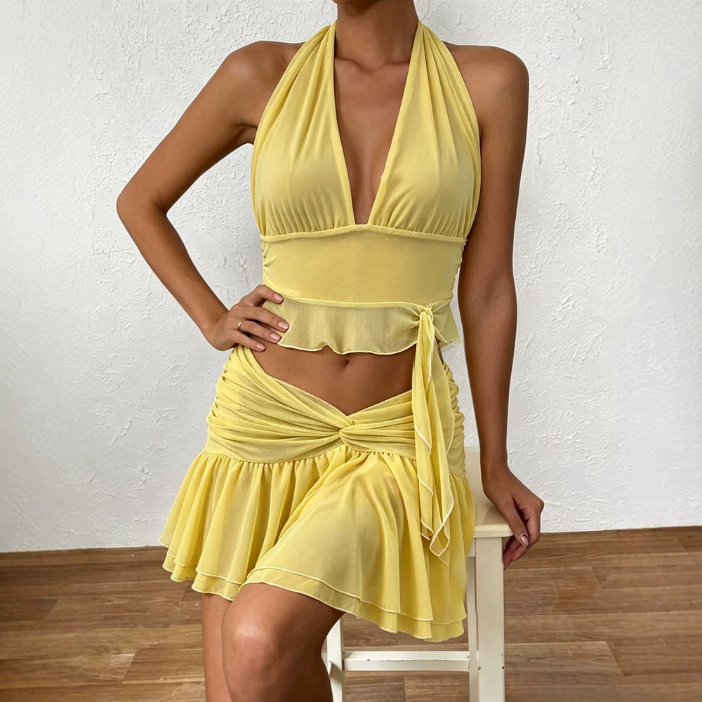 Zara Halter Deep V Mesh 2 Piece Tie Front Crop Top Twisted Ruffle Skirt